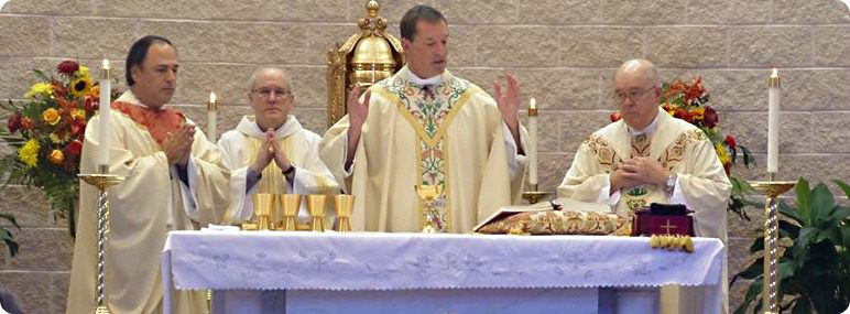 Priest celebrating Mass during liturgy of the Eucharist with concelebrating clergy