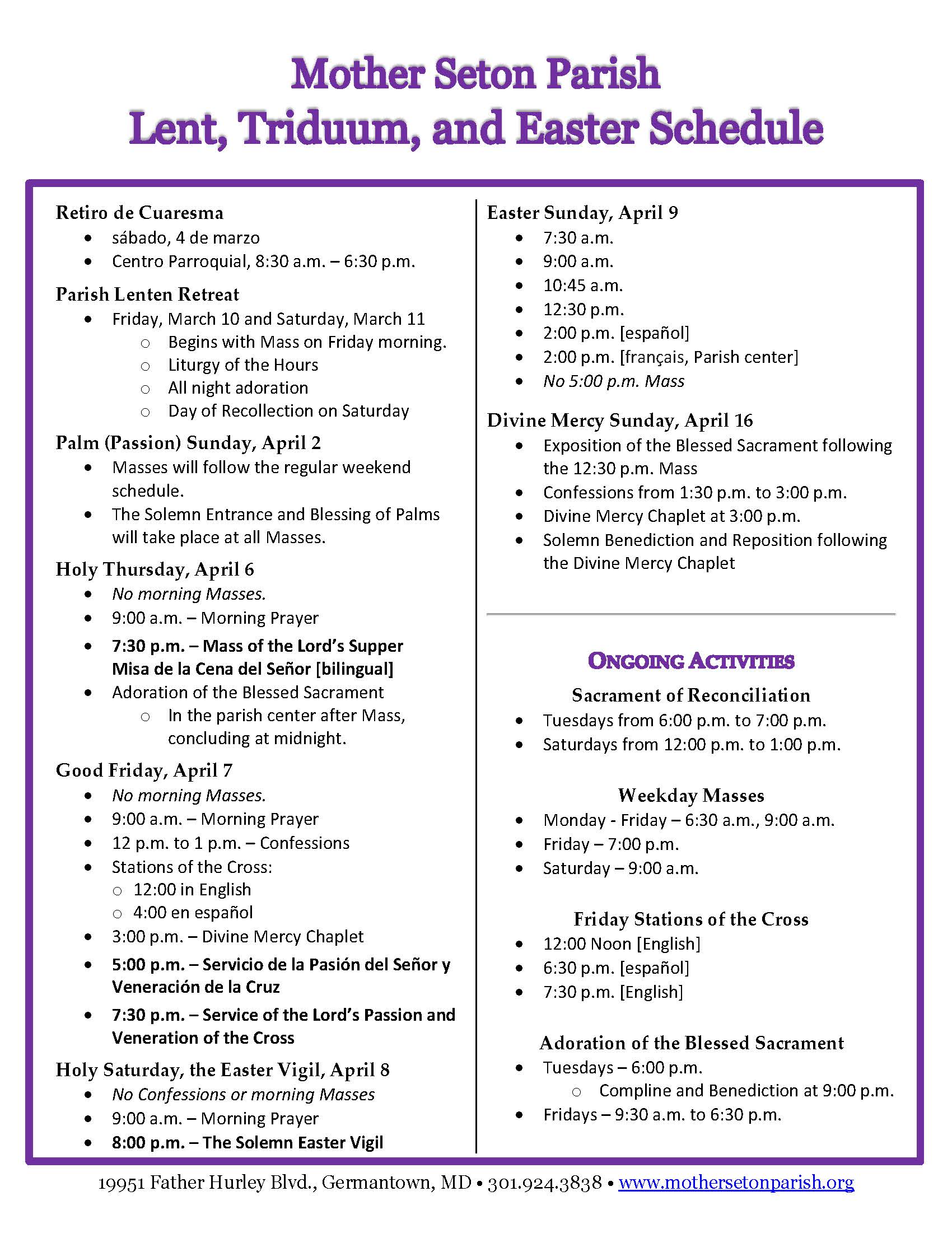 Lent, Triduum and Easter Schedule 2023 Mother Seton Catholic Church